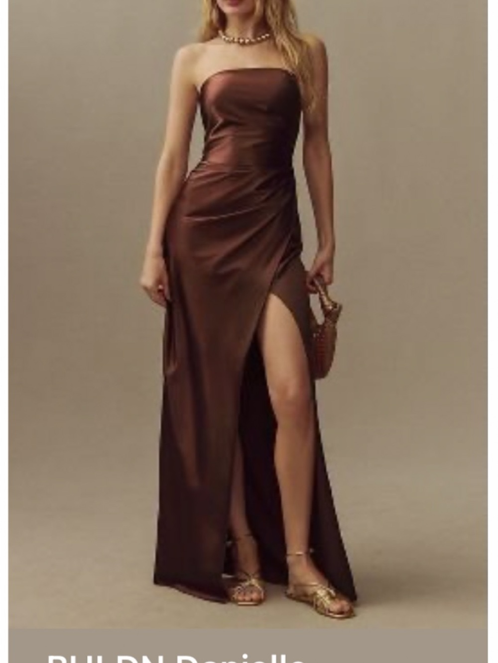 BHLDN Chocolate Brown Strapless Satin Gown with High Slit